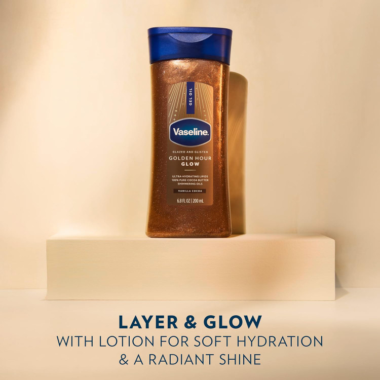 ژل روغن براق کننده بدن وازلین مدل Golden Hour Glow Vanilla Cocoa