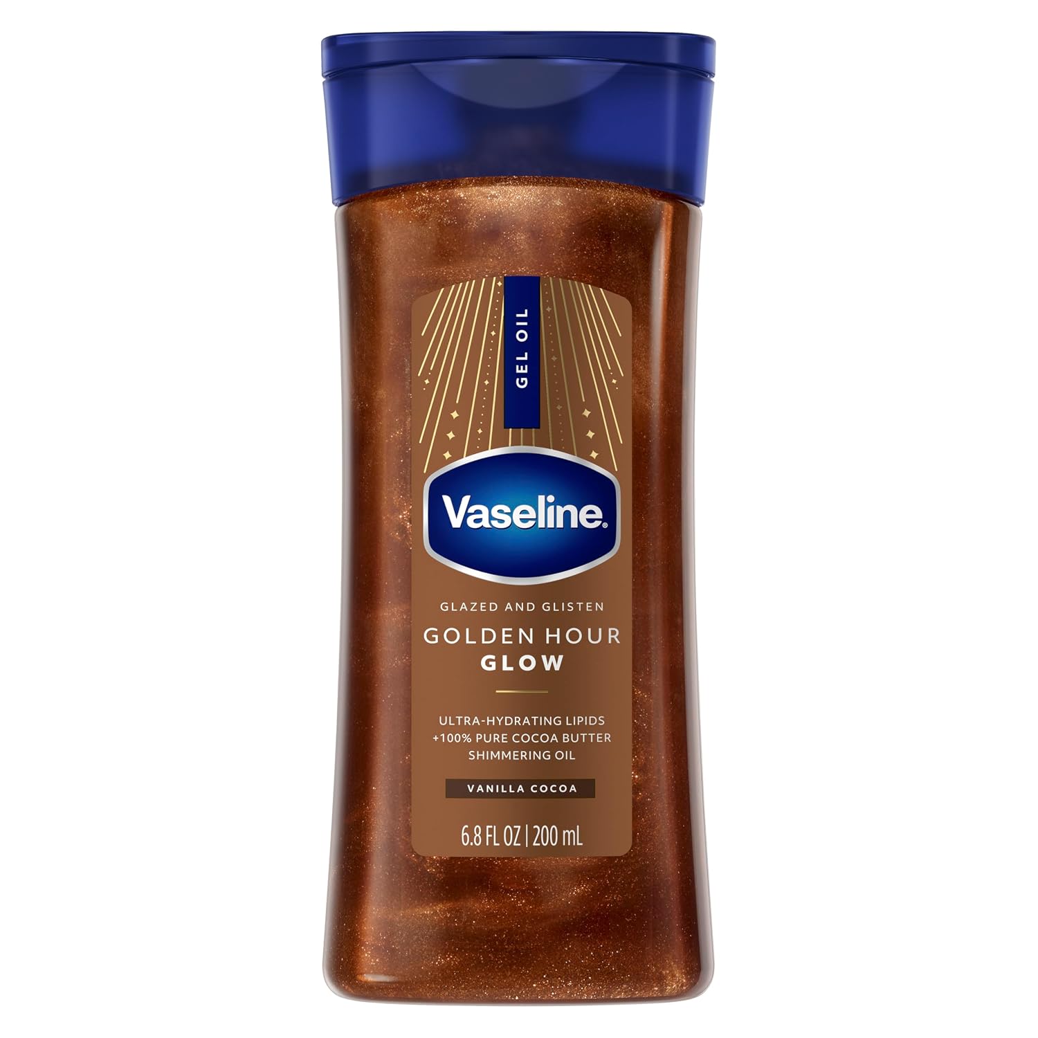 ژل روغن براق کننده بدن وازلین مدل Golden Hour Glow Vanilla Cocoa حجم 200 میلی لیتر